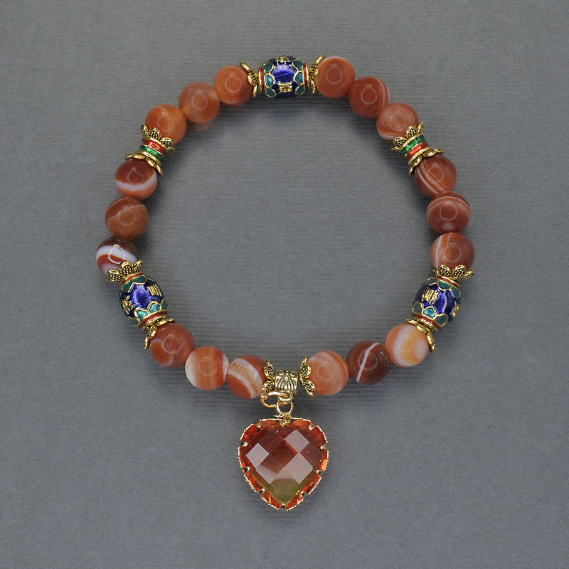 Orange Agate Bracelet, smooth bead, diameter 8mm+- Cloisonne 10x8mm+-, length 18cm stretch