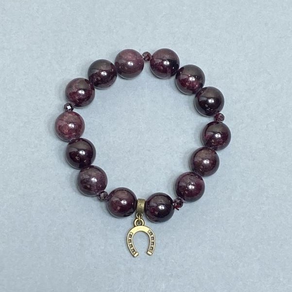 Garnet Bracelet Smooth Round Beads, diameter 12mm+- with 4mm+- faceted beads and metal insert, length 18cm stretch