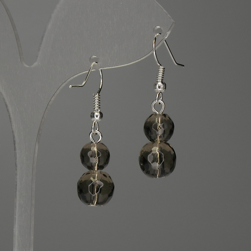 Smoky Quartz Earrings, faceted round beads 8mm+- and 10mm+-, length 38mm+