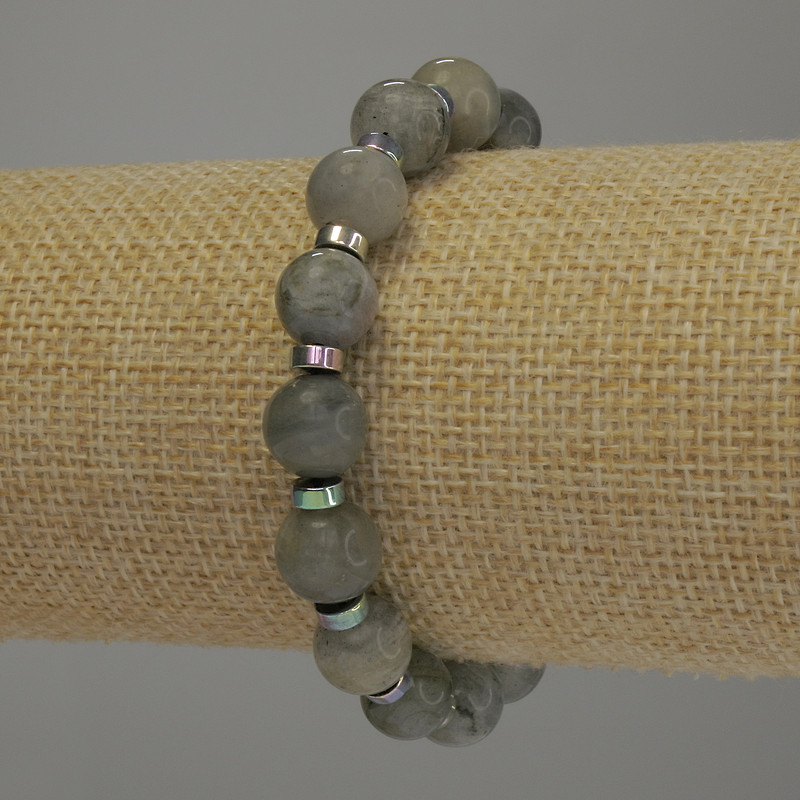 Labradorite Round Bead Bracelet, diameter 10mm+- Hematite Rondelle 5x2mm+-, length 18cm stretch