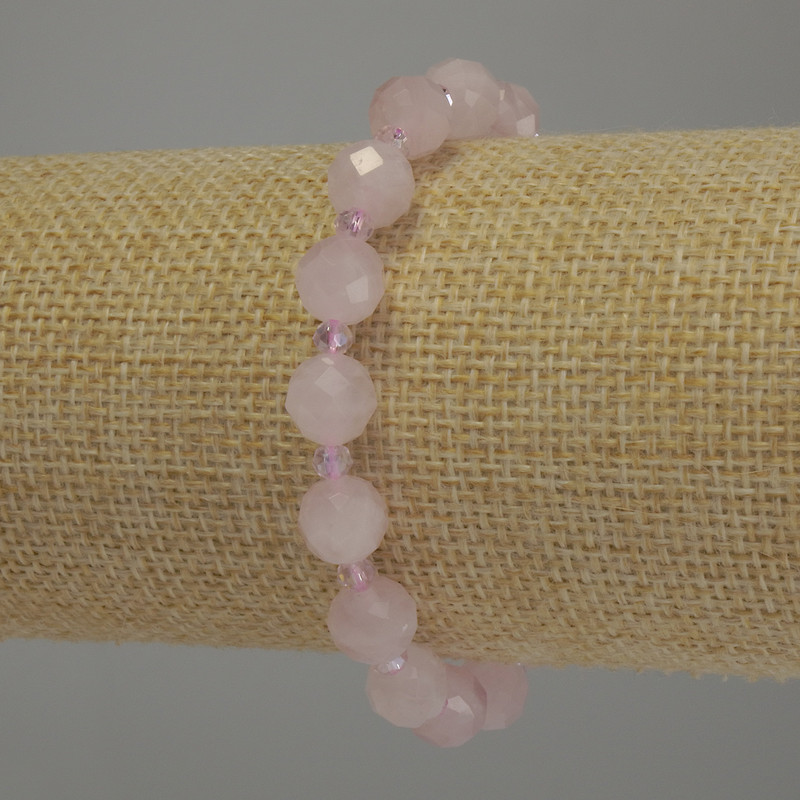 Rose Quartz Bracelet, round bead, diameter 8mm+- Rock Crystal rondelle 3.5x3mm+-, length 18cm stretch