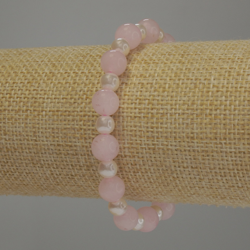 Rose Quartz Bracelet, smooth round bead, diameter 8mm+- Pearls smooth round bead 6mm+-, length 18cm stretch