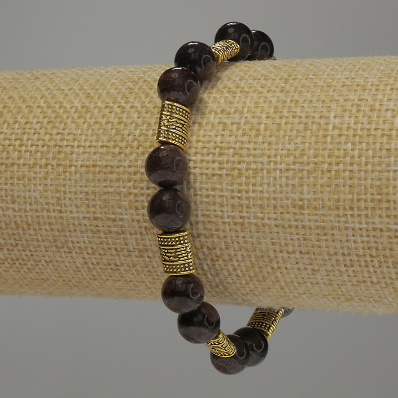 Bracelet Garnet smooth ball, diameter 8mm+/- with metal inserts, length 18cm stretch