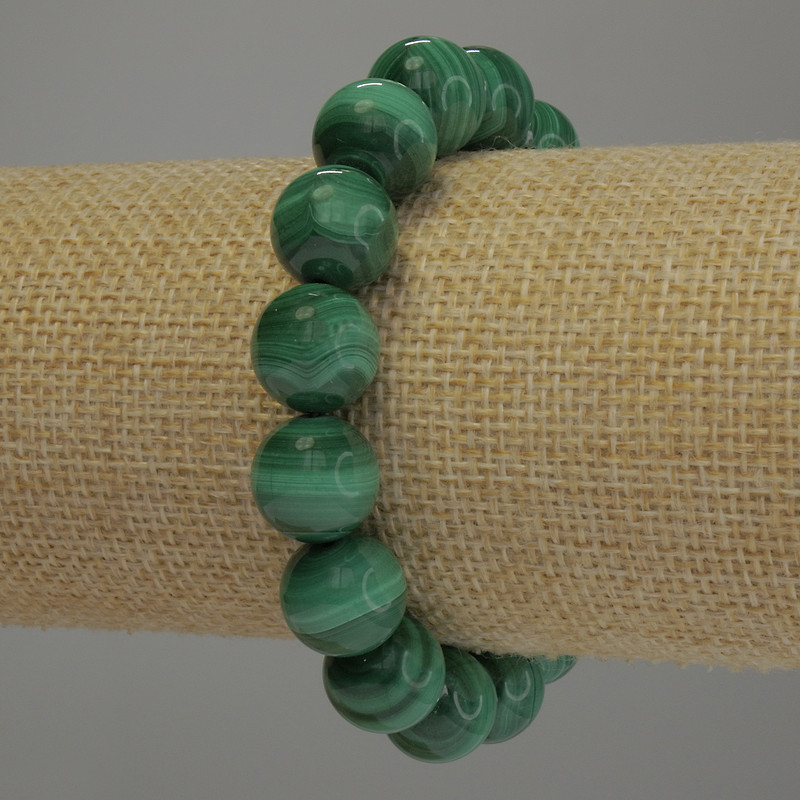 Natural Malachite Stone Bracelet, smooth ball diameter 12mm+/-, length 18cm stretch
