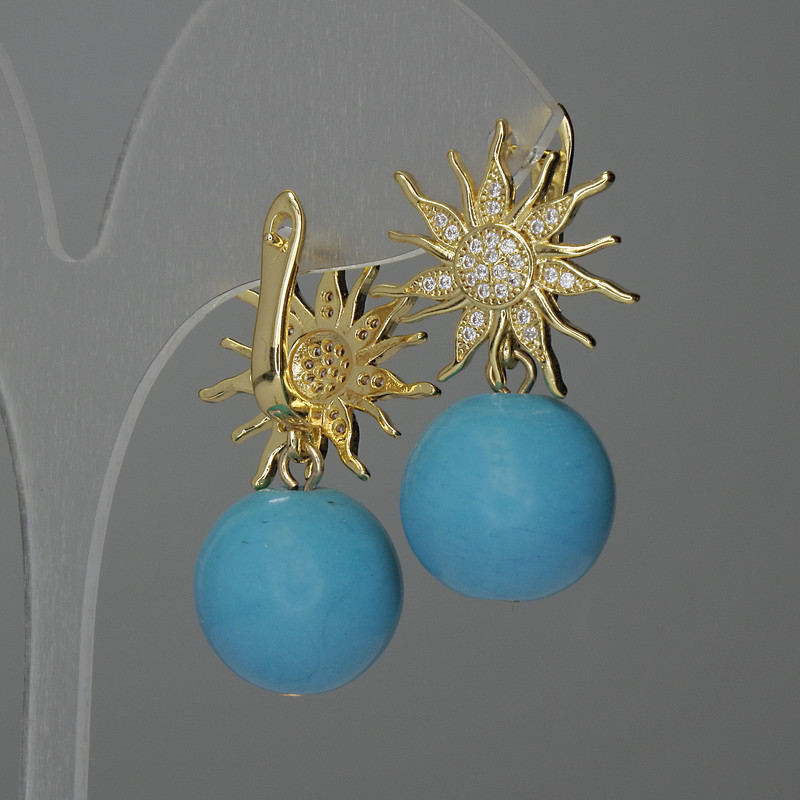 Turquoise Imitation Ball Earrings, Diameter 15mm+/-, Length 24mm+