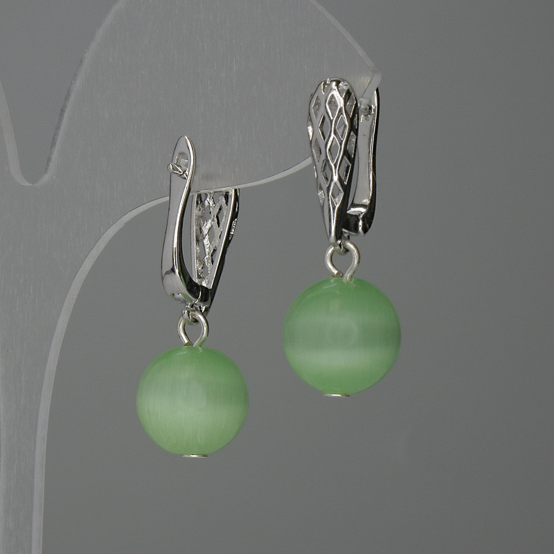 Cat's Eye Earrings, Green Ball 12mm+/-, Length 31mm+