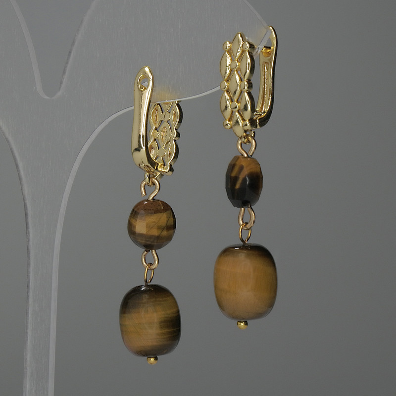 Tiger's Eye Barrel Earrings, diameter 12x10mm+/- coin bead 8mm+/-, length 44mm+