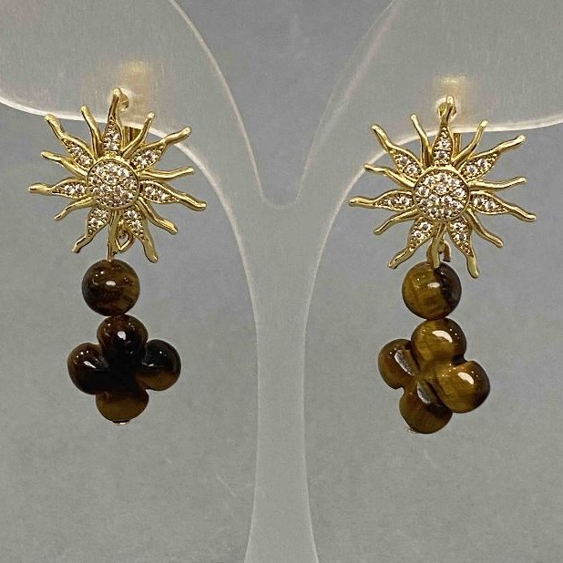 Tiger's Eye Clover Earrings, diameter 14mm+/-, bead 6mm+/-, star-shaped hook, diameter 20mm+/-, length 41mm+
