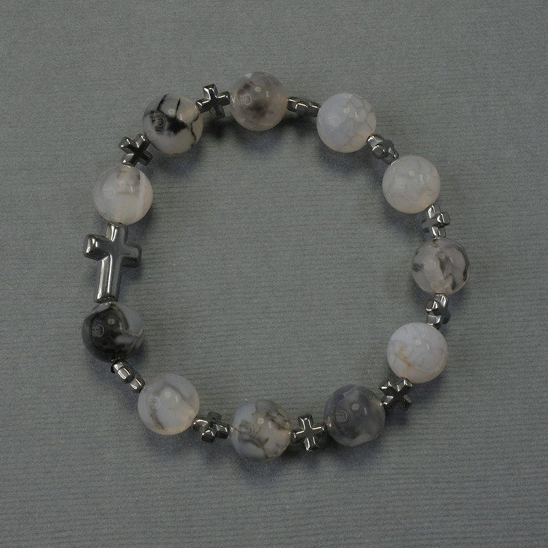 Dragon Vein Agate Bracelet, beads 10mm+-, Hematite cross 6x6mm+- and 14x10mm+-, length 18cm stretch