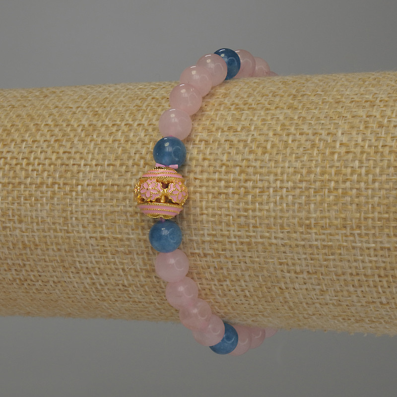 Rose Quartz Apatite Bracelet, Smooth Ball 6mm+/-, Cloisonne Bead 10mm+/-, Length 18cm Stretch