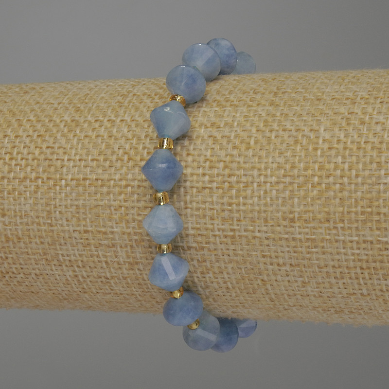 Aquamarine Bracelet, faceted rhombus beads, diameter 8x8mm+-, seed beads 3mm+-, length 18cm+- stretch