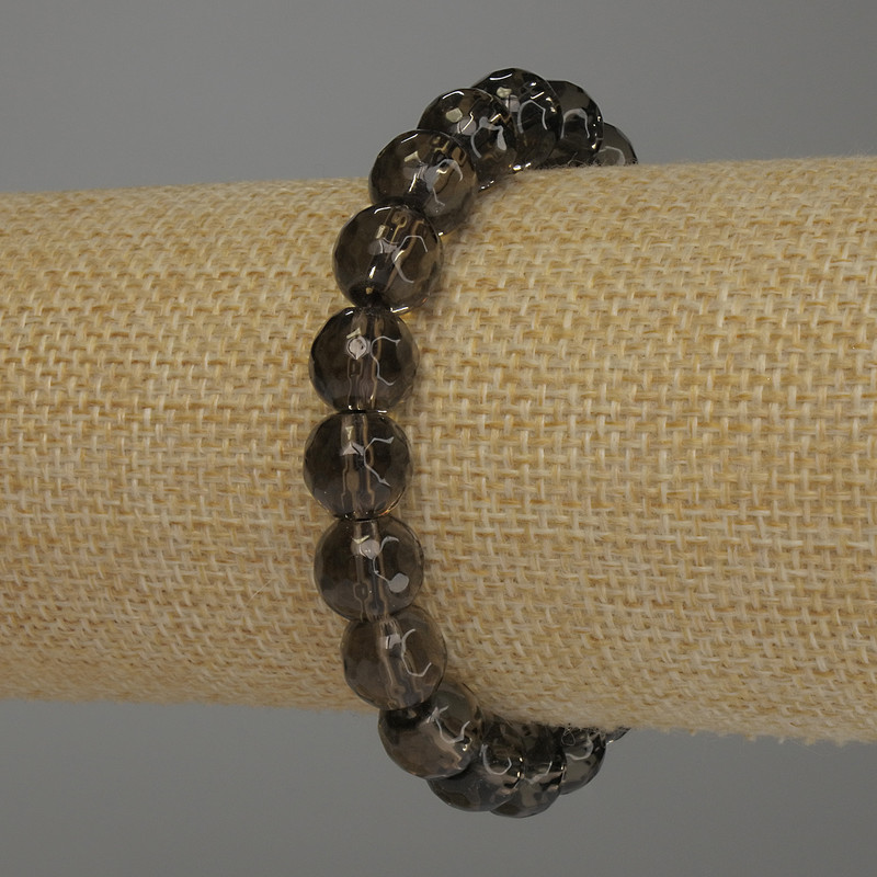 Smoky Quartz Bracelet, Faceted Round Beads, 9.5mm+/- Diameter, 18cm Stretch