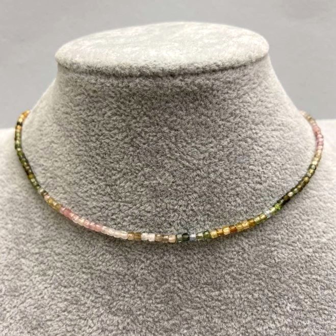 Tourmaline Faceted Cube Necklace 2mm+-, length 42-47cm+- with clasp and extension chain