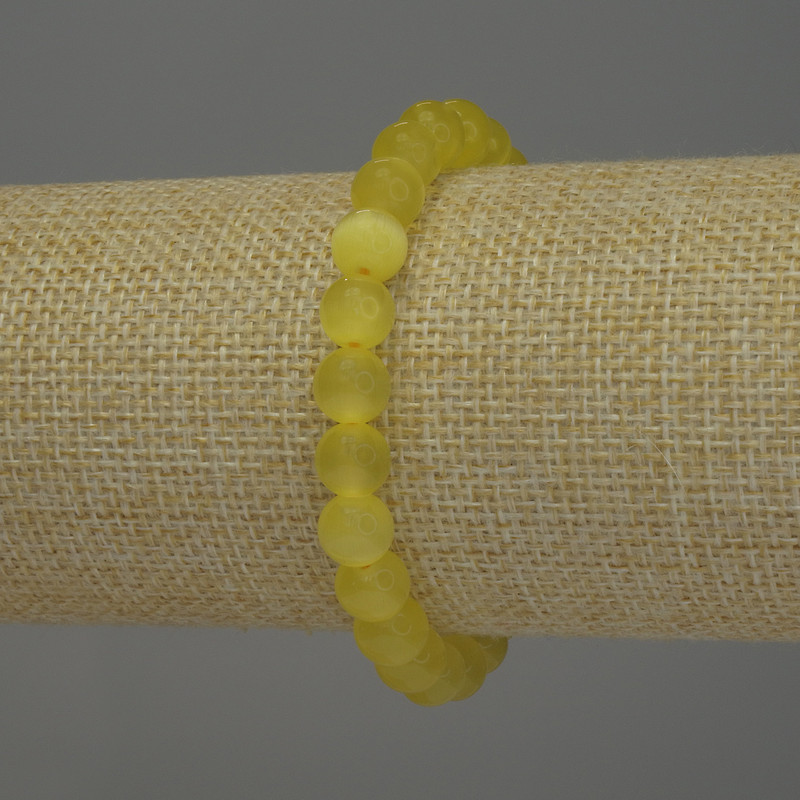 Yellow Cat's Eye Bracelet, smooth round beads, 8mm+/- diameter, 18cm+/- stretch