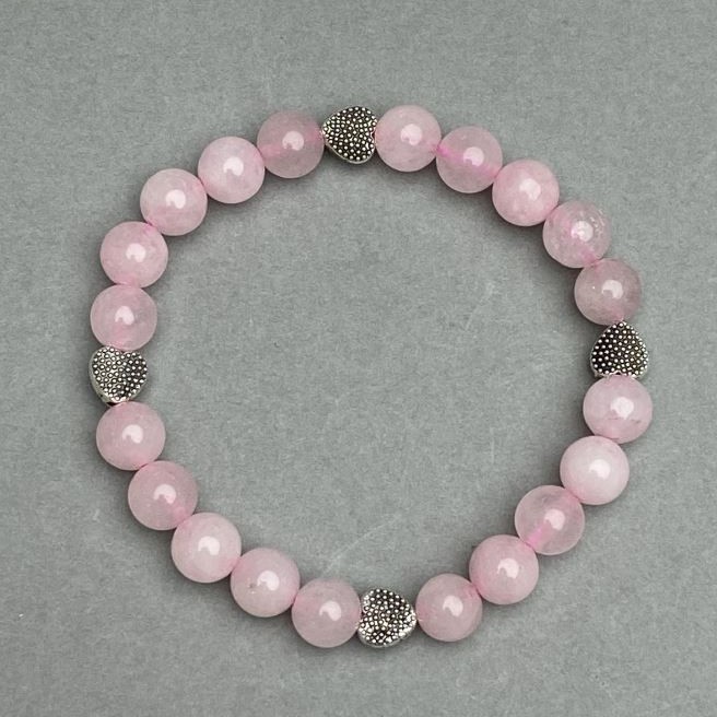 Rose Quartz Bracelet, smooth bead, diameter 8mm+/- with metal inserts, length 18cm+/- stretch
