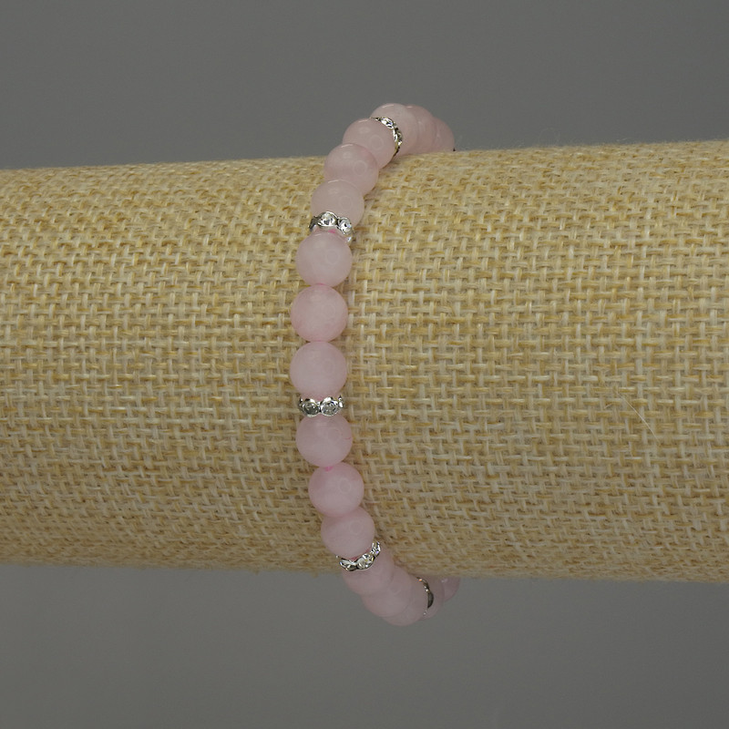 Rose Quartz Bracelet, smooth bead, diameter 6mm+/- with metal inserts, length 18cm+/- stretch