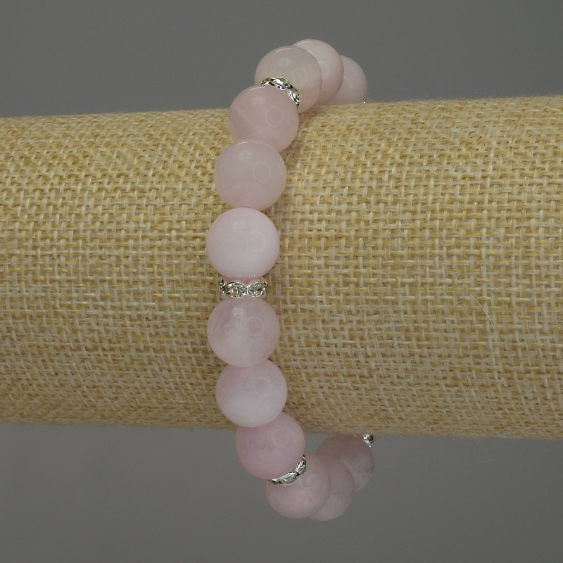 Rose Quartz Bracelet, smooth bead, diameter 10mm+/- with metal inserts, length 18cm+/- stretch