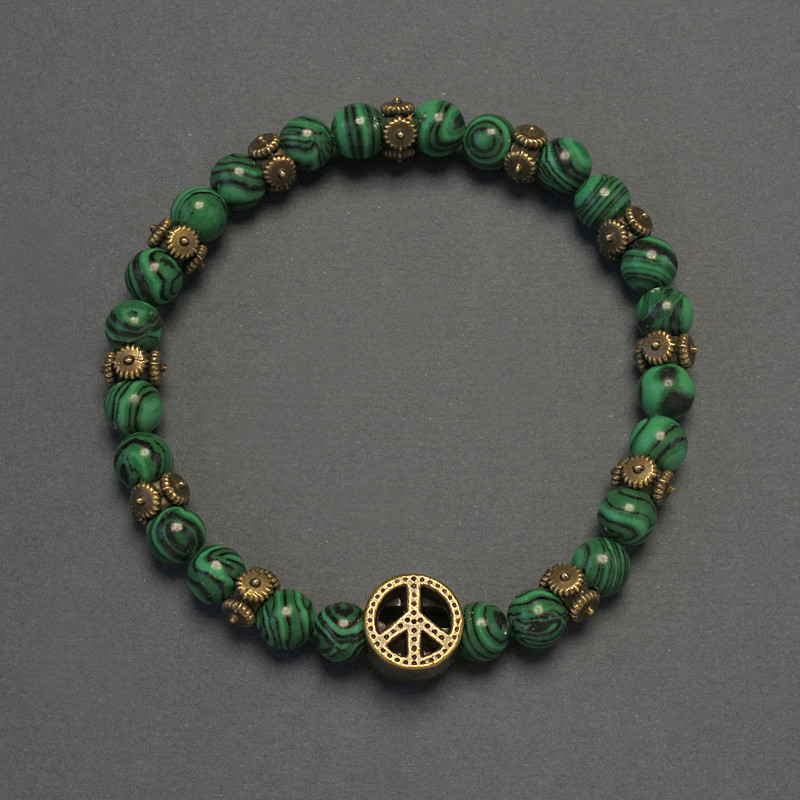 Malachite Smooth Bead Bracelet, diameter 6mm+- with Metal Inserts, length 18cm+- stretch