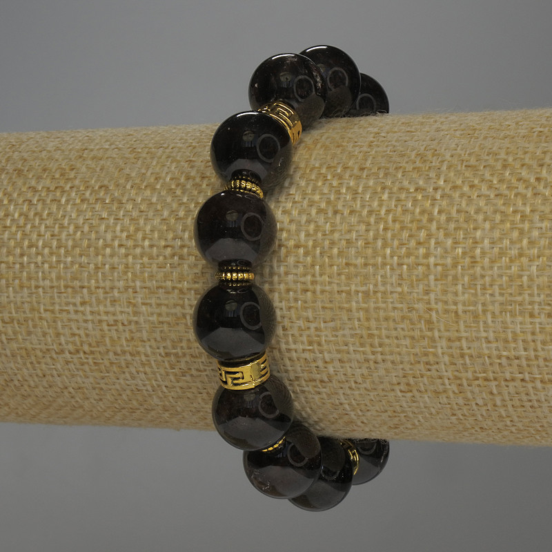 Garnet Bead Bracelet smooth round bead, diameter 12mm± with metal inserts, length 18cm stretch