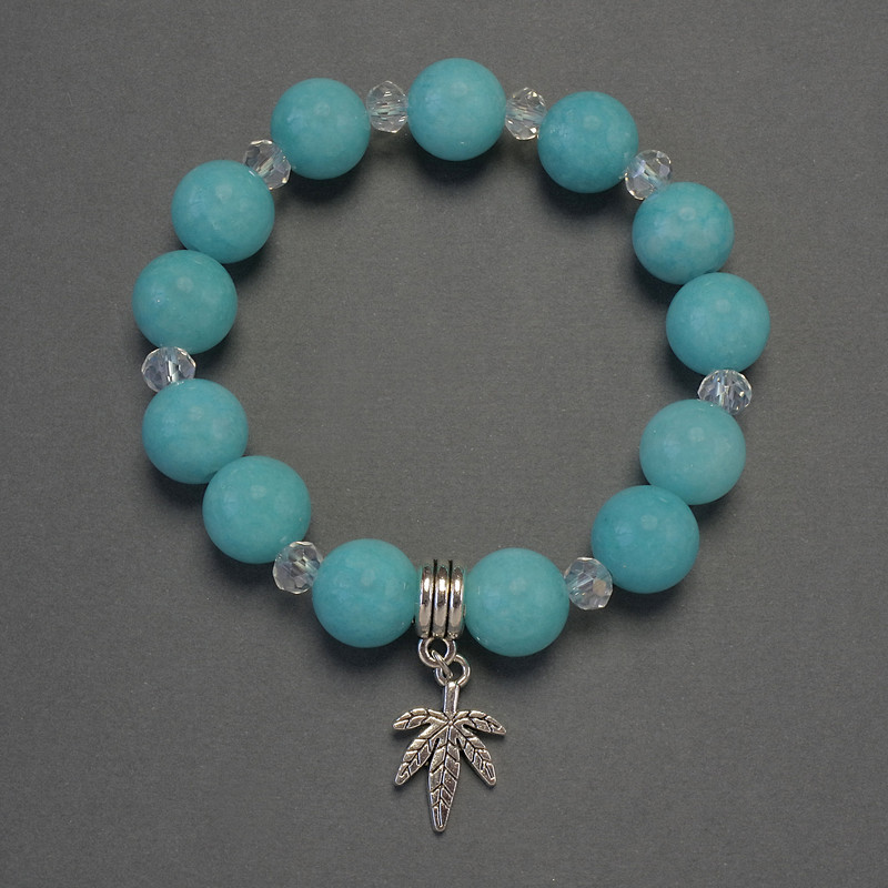 Aquamarine Bracelet, smooth round bead diameter 12mm+/- Czech Crystal rondelle 6x5mm+/-, length 18cm+/- stretch
