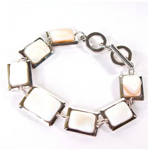 Clearance. Mother-of-Pearl Bracelet Smooth Setting Rectangular Stone 18*22+15*20mm, length 18-21cm