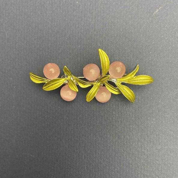 Cat's Eye Brooch 60x27mm+/-, pink enamel, green stone, silver-tone metal