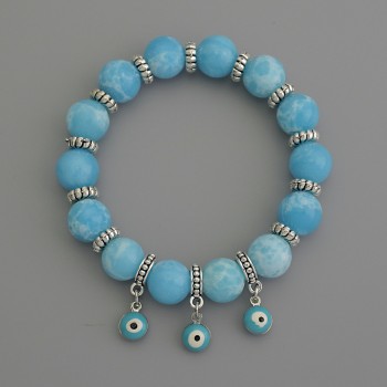 Larimar Bracelet, smooth round beads, diameter 10mm+/- with metal inserts, length 18cm stretch