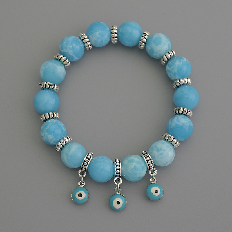 Larimar Bracelet, smooth round beads, diameter 10mm+/- with metal inserts, length 18cm stretch