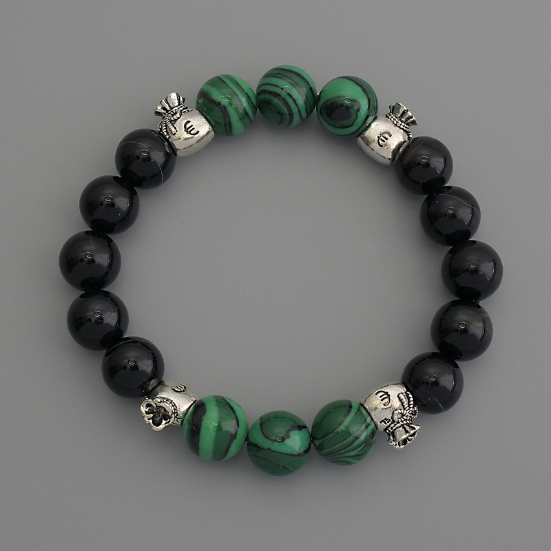 Assorted Stones Bracelet, smooth round beads, diameter 10mm+/- with metal inserts, length 18cm stretch