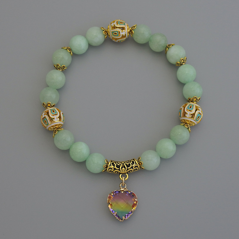 Amazonite Smooth Bead Bracelet, diameter 8mm+/- Cloisonné 10mm+/- with metal inserts, length 18cm+/- stretch