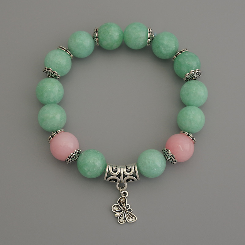 Jadeite Smooth Round Bead Bracelet, diameter 12mm+/- Rose Quartz smooth round bead 12mm+/- with metal inserts, length 18cm+/- stretch