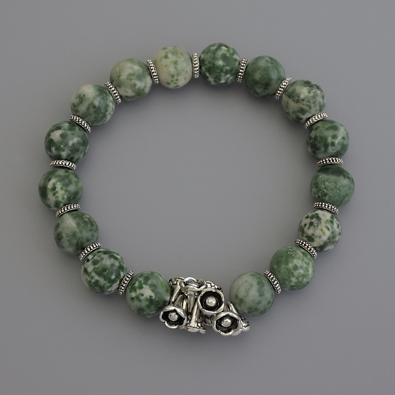 Moss Agate Bead Bracelet, diameter 10mm+/- with metal inserts, length 18cm stretch