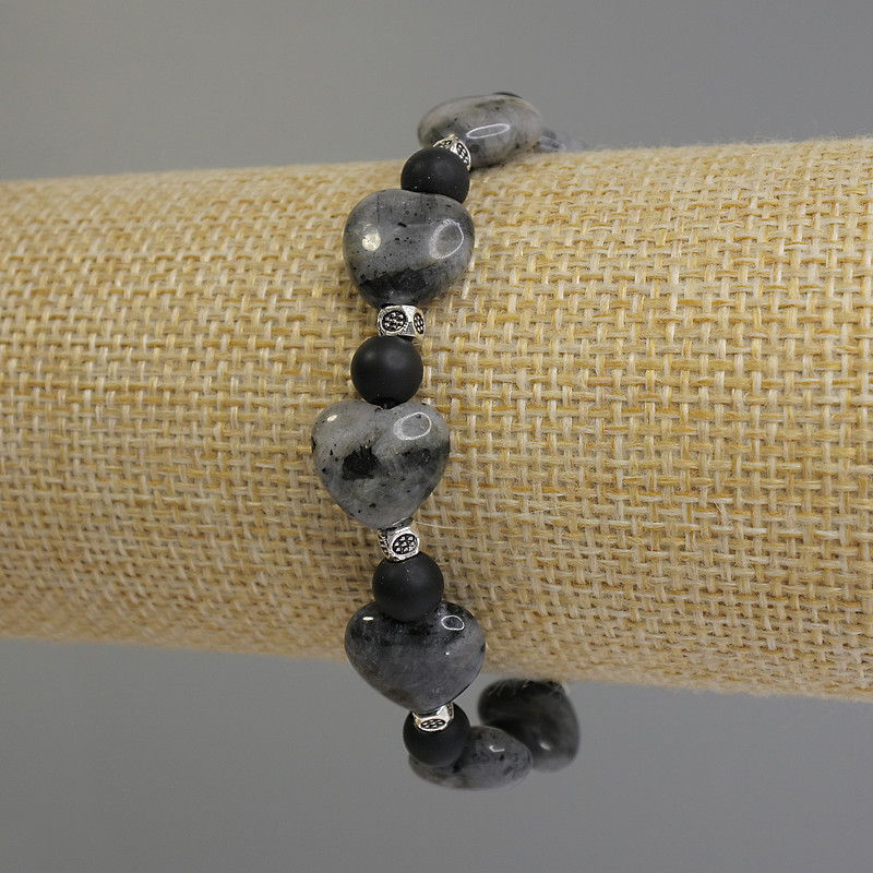 Larvikite Heart Bracelet, diameter 12mm+/-, Shungite bead 6mm+/- with metal inserts, length 18cm stretch