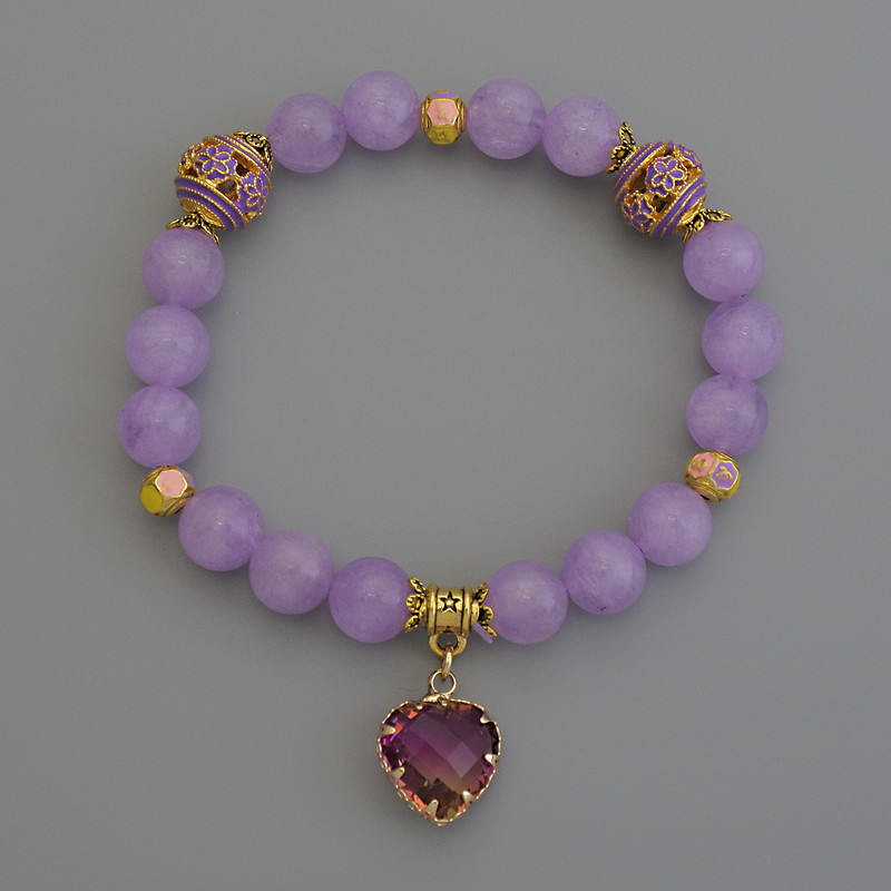 Lavender Amethyst Smooth Bead Bracelet, diameter 8mm+/- Cloisonné 10mm+/- 5.5mm+/- charm, length 18cm+/- stretch