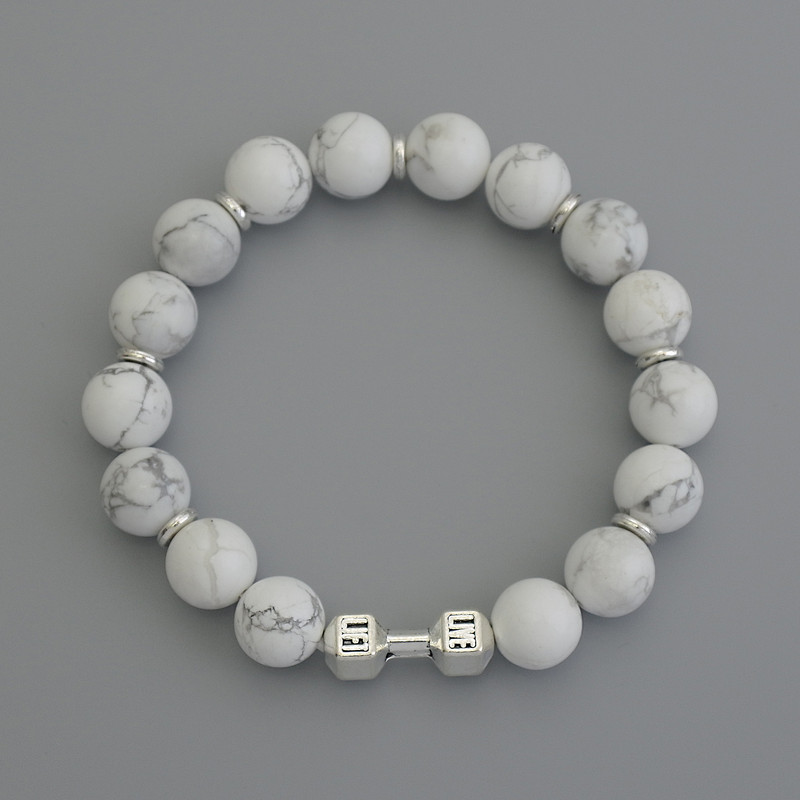 Cacholong Bracelet, round beads, diameter 10mm+/- with metal inserts, length 18cm+/- stretch