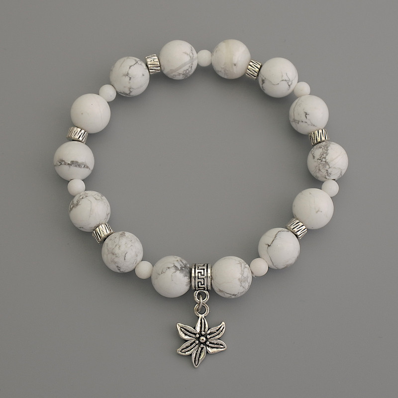 Cacholong Bracelet, bead, diameter 10mm+/-, Agate bead 4mm+/- with metal inserts, length 18cm+/- stretch