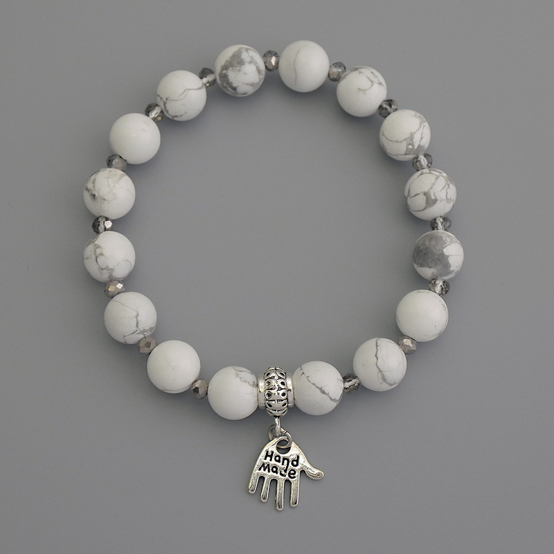Cacholong Bracelet, bead diameter 8mm+/-, Czech crystal rondelle 3.5x3mm+/-, length 18cm+/- stretch