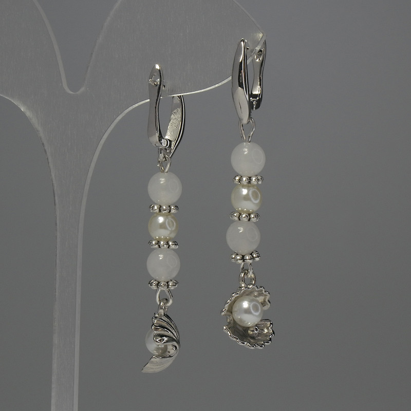 White Quartz Earrings, round beads, diameter 6mm+/- with faux pearl 6mm+/-, length 56mm+