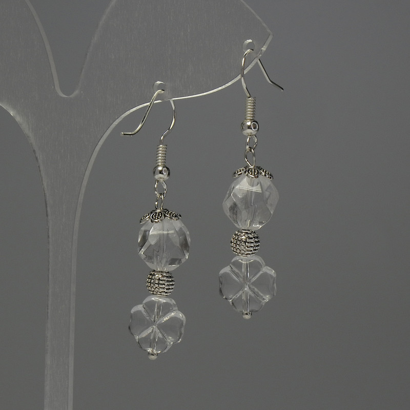 Rock Crystal Earrings, multi-faceted beads, diameter 10x8mm+/- clover charm 10mm+/-, length 44mm+