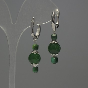 Chrysoprase Bead Earrings, diameter 10mm+/- Cat's Eye faceted cube 4mm+/-, length 40mm+