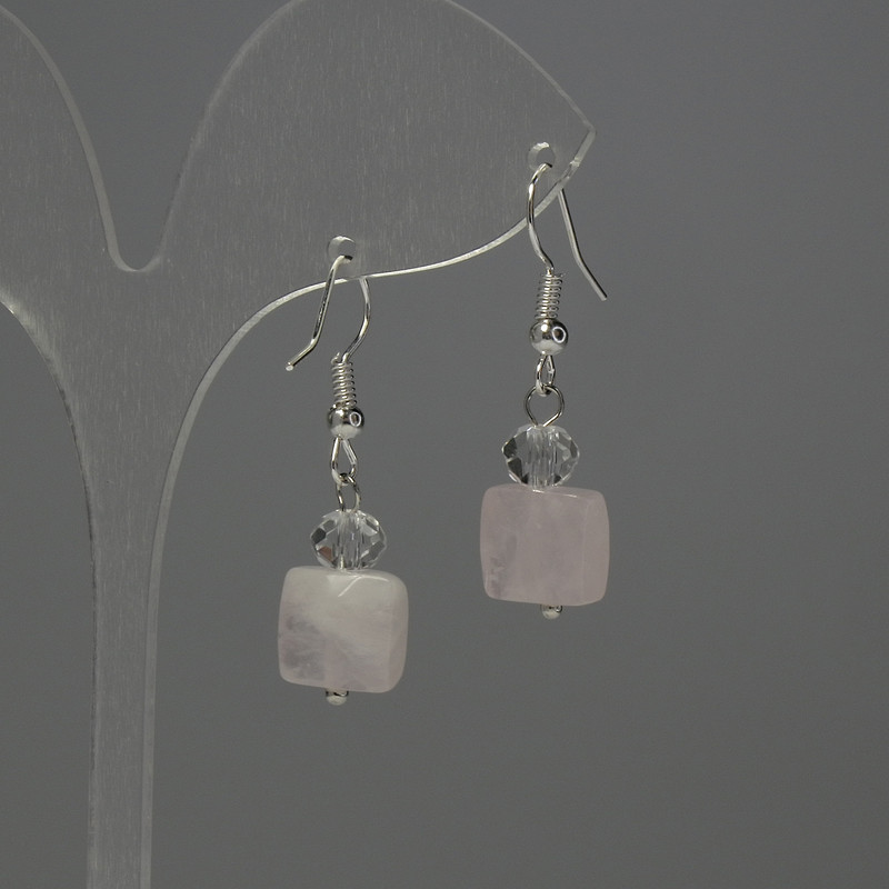 Rose Quartz Earrings, rectangle 10x10mm+/- with faceted Czech crystal rondelle 6x5mm+/-, length 33mm+