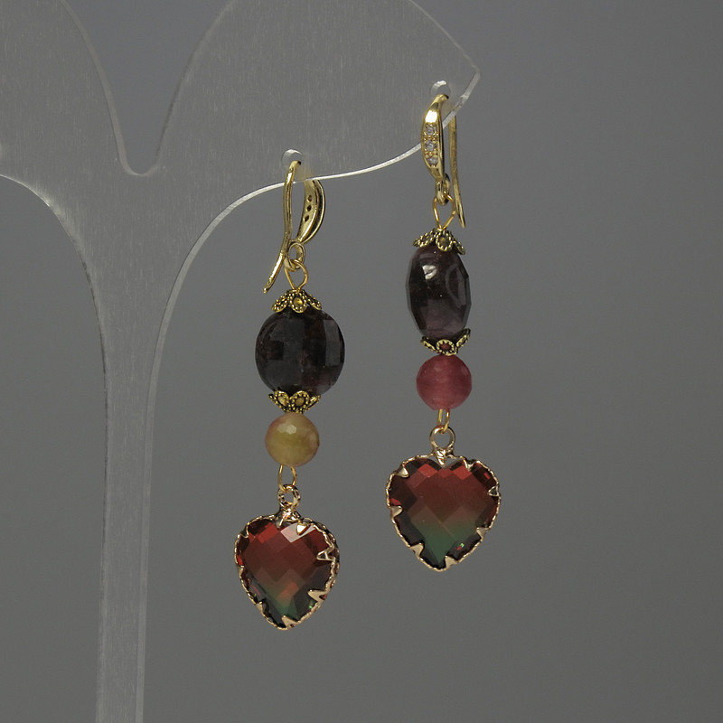Tourmaline Earrings, faceted coin 10mm+/-, faceted bead diameter 6mm+/-, crystal in setting 12mm+/-, length 51mm+