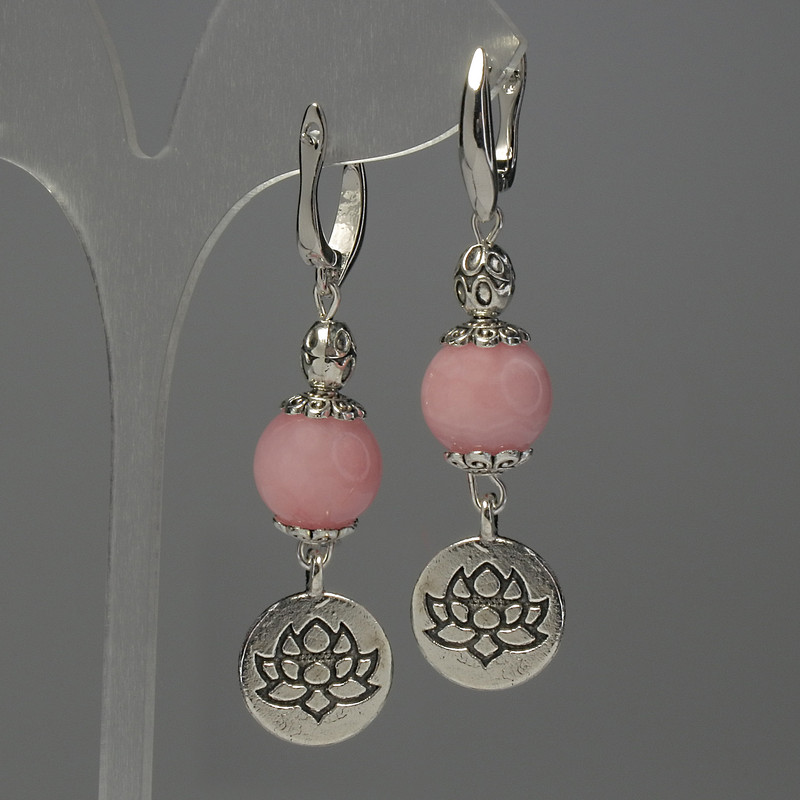 Rose Quartz Earrings, bead 12mm+/- with metal inserts, length 60mm+