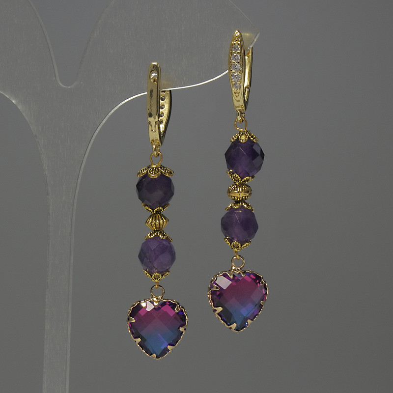 Amethyst Earrings, faceted bead, diameter 8mm+/-, stone in setting 12mm+/-, length 60mm+