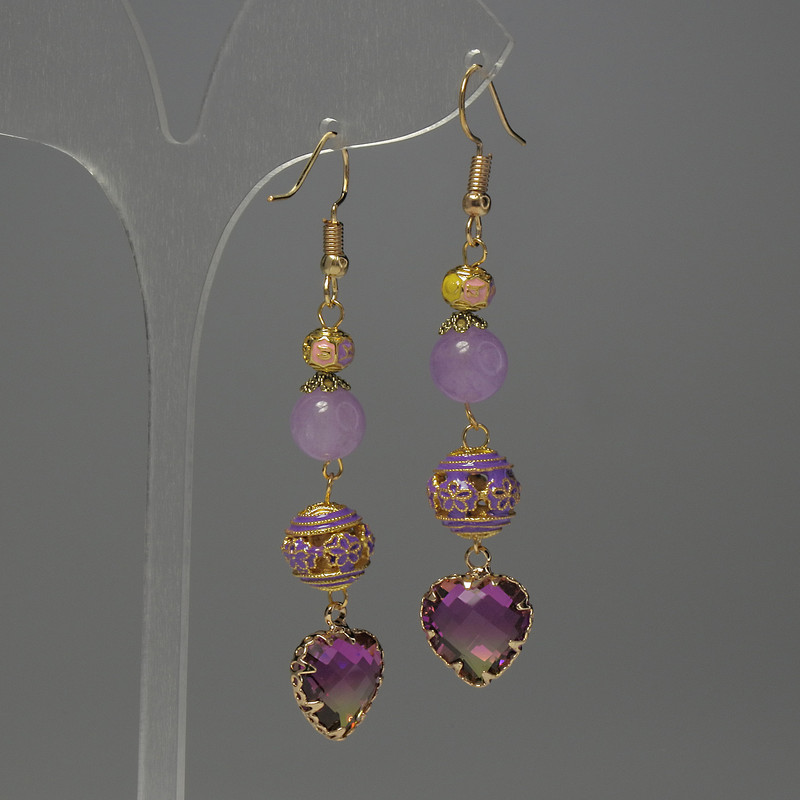 Lavender Amethyst Earrings, bead diameter 8mm+/-, Cloisonné 10mm+/-, crystal in setting 12mm+/-, length 65mm+