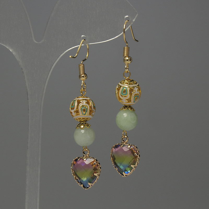Jade Earrings, bead diameter 7x5mm+/-, Cloisonné 10mm+/-, crystal in setting 12mm+/-, length 57mm+