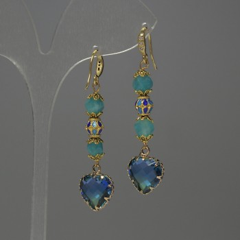Aquamarine Faceted Rhombus Earrings, diameter 7x5mm+/- Cloisonné 7mm+/- crystal in setting 12mm+/-, length 50mm+