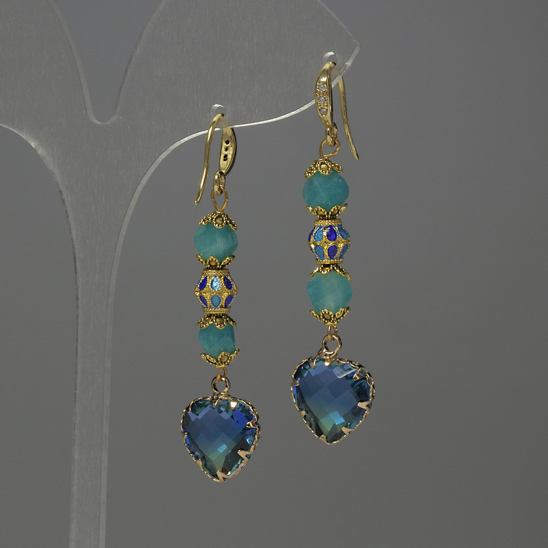 Aquamarine Faceted Rhombus Earrings, diameter 7x5mm+/- Cloisonné 7mm+/- crystal in setting 12mm+/-, length 50mm+