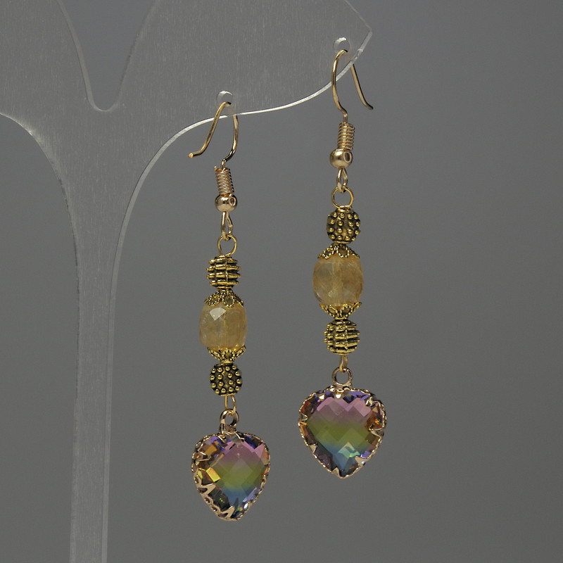Citrine Faceted Cube Earrings, diameter 7mm+/- crystal in setting 12mm+/-, length 58mm+