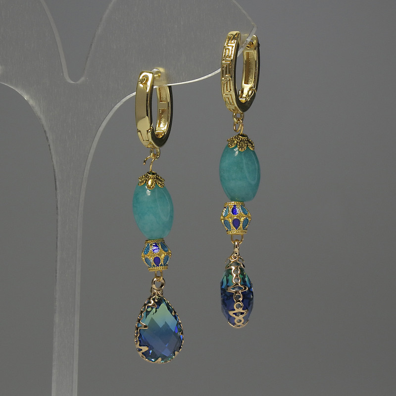 Aquamarine Nugget Earrings, diameter 12mm+/- Cloisonne 6mm+/- crystal in setting 14x10mm+/-, length 58mm+
